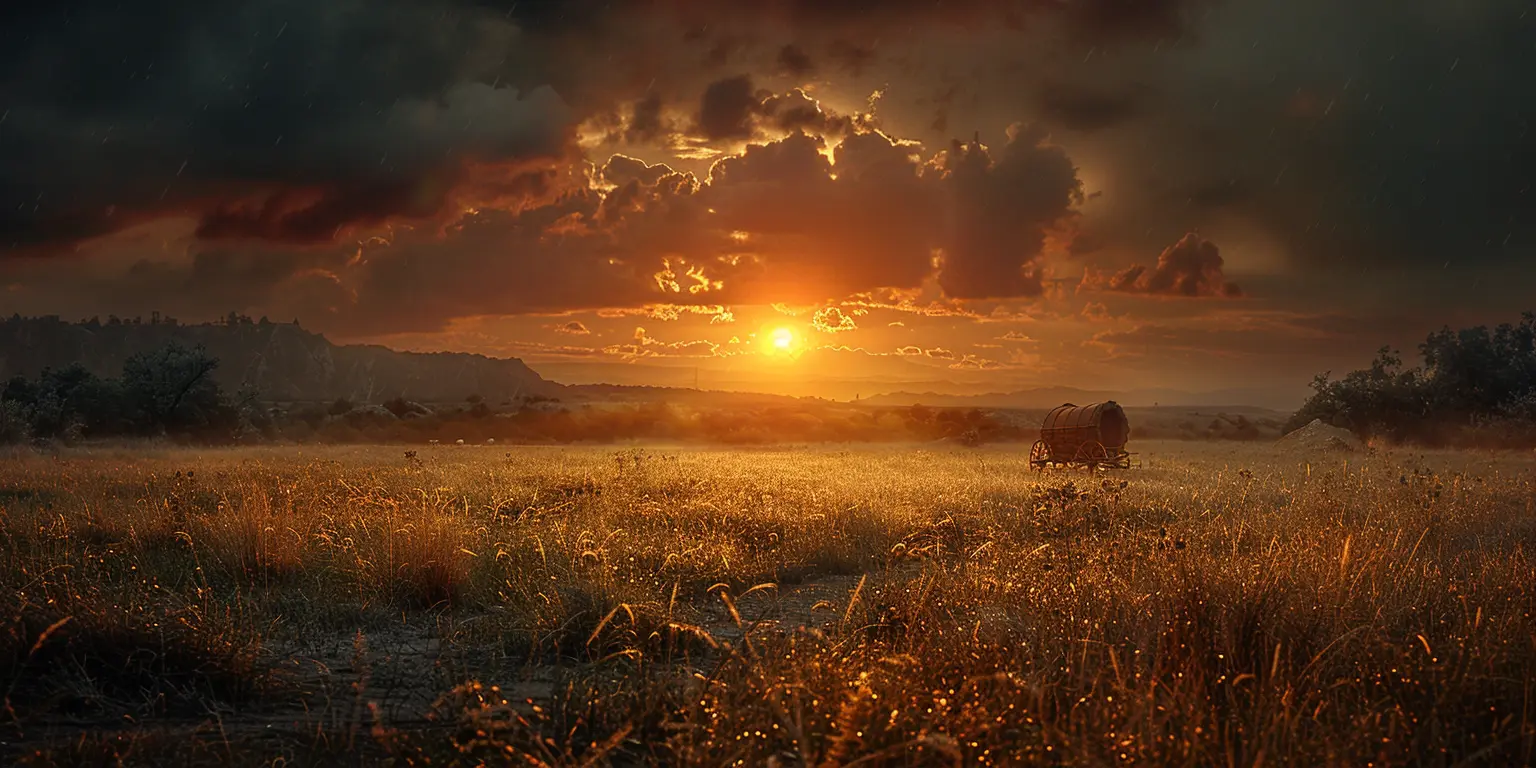 Golden prairie at sunset with wagon train silhouette on Oregon Trail, distant mountains in background.