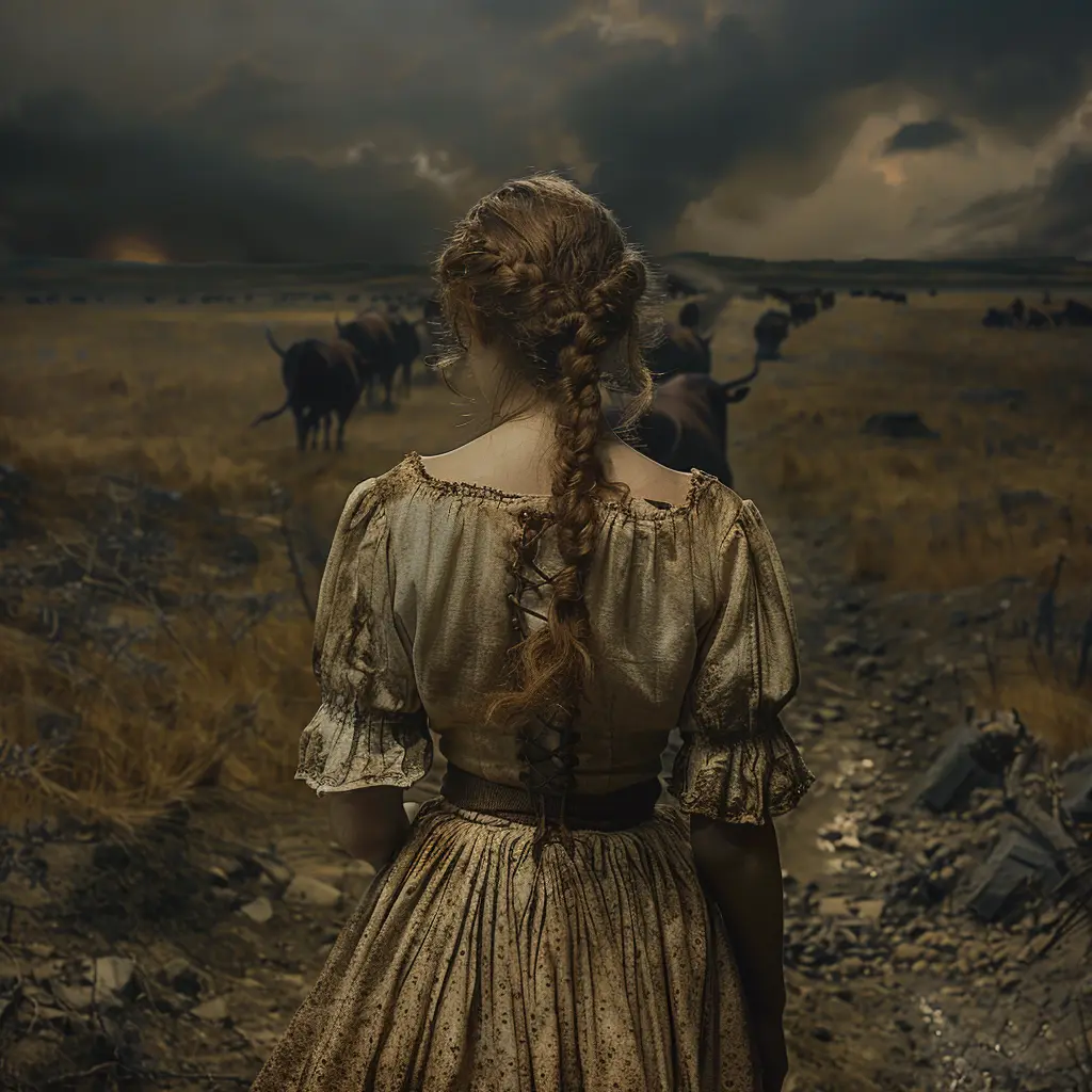 Bird's-eye view of prairie with wagon train. Close-up on excited 9-year-old girl in calico dress, taking in vast horizon.
