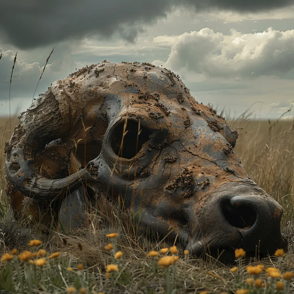Dried buffalo chip in prairie grass, showing weathered surface and plant fibers, used as fuel by pioneers.