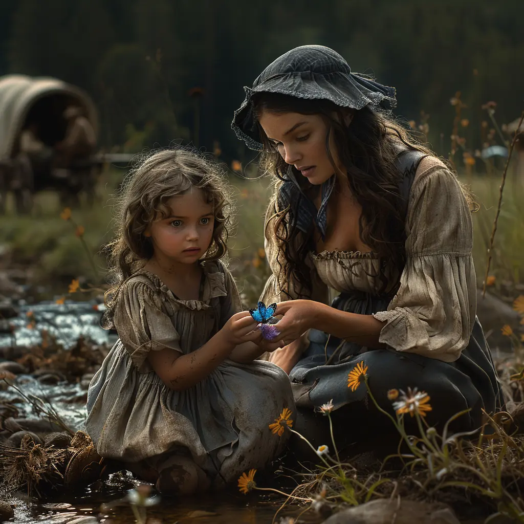 Sepia prairie panorama: wagon train crosses vast landscape, magpie perched on buffalo skull watches in foreground