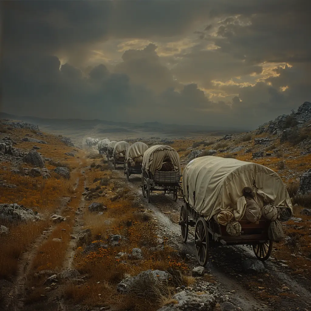 Bird's-eye view of Oregon Trail with covered wagons crossing vast plains, including young Sarah's wagon.