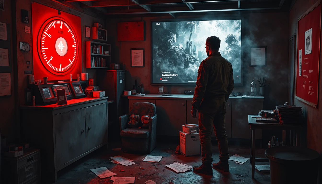 Soldier in bunker facing ethical dilemma with AI weapon system, red warning lights flashing