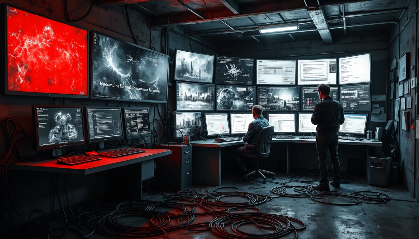 Commander facing wall of screens in chaotic command center, face illuminated red, symbolizing AI-driven military decisions