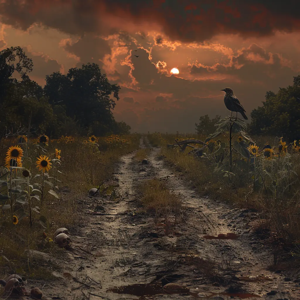 Sunset on Oregon Trail, dusty wagon ruts, meadowlark on sunflower, scattered bones - somber scene depicting trail's harsh realities.
