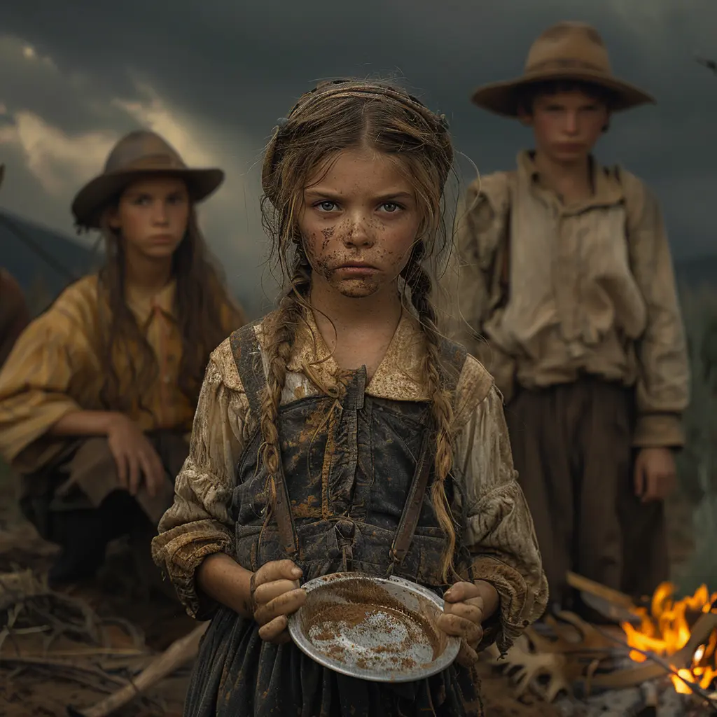 Sunset on Oregon Trail, dusty wagon ruts, meadowlark on sunflower, scattered bones - somber scene depicting trail's harsh realities.