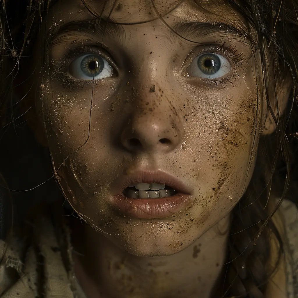 Close-up of traumatized 12-year-old girl, dirty face with tear tracks, wide unfocused eyes, shocked expression