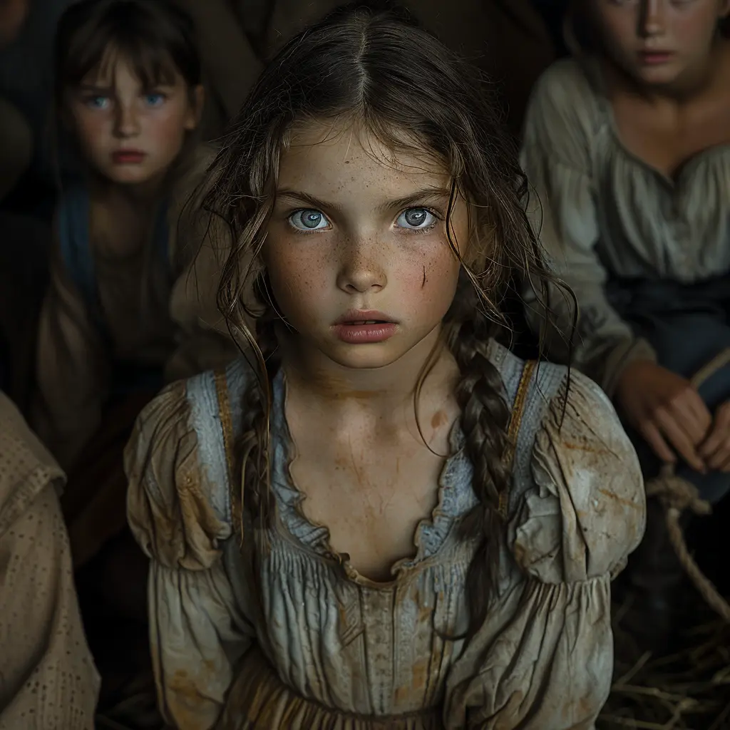 Sepia prairie panorama: Wagon train circles at dusk. Young girl sits alone by dying campfire, staring into distance.