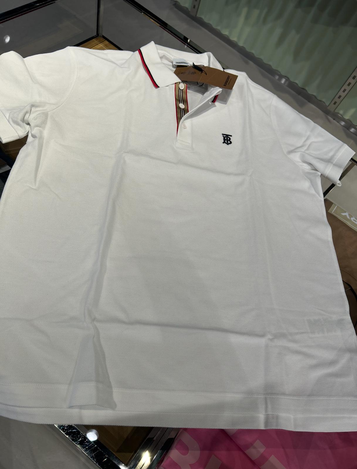 Burberry Men’s White Polo with Vintage Check Trim