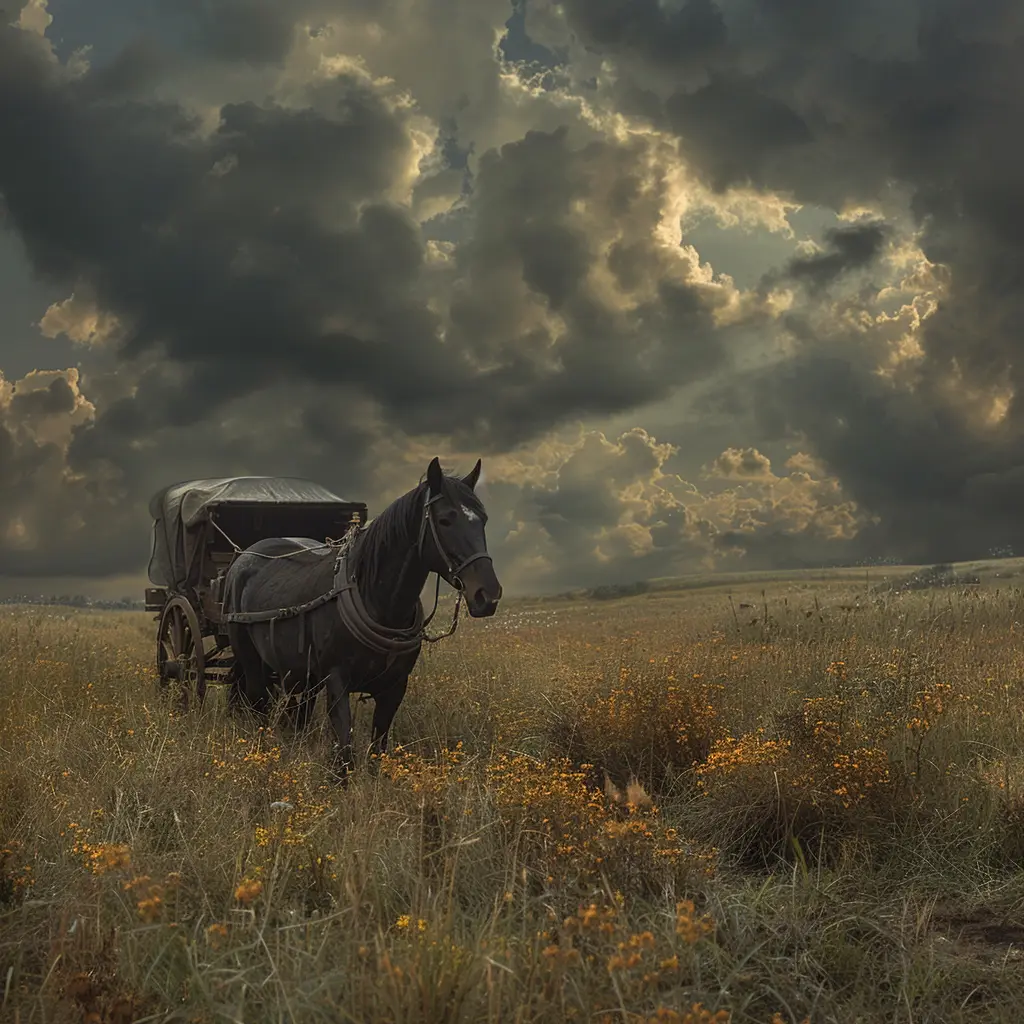 Young girl in prairie wagon gazes at endless rolling grasslands, feeling freedom after leaving orphanage behind.