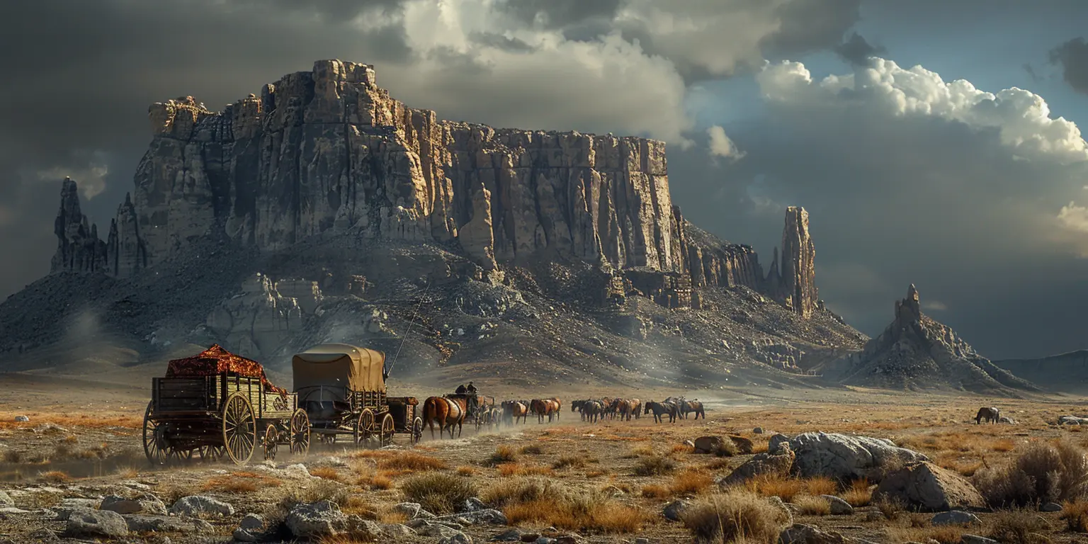 Pioneer wagon train traversing rugged Oregon Trail landscape with towering rock formations under brilliant blue sky.