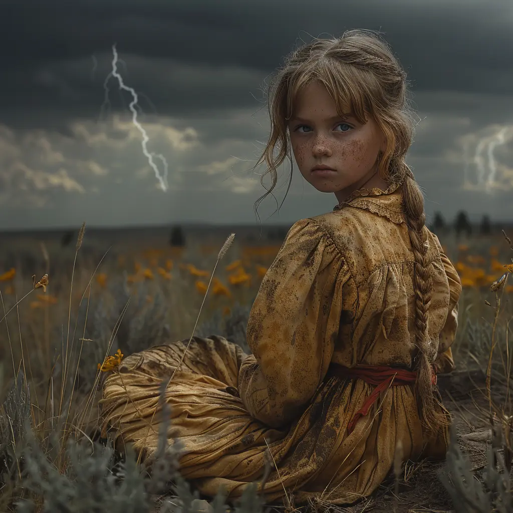 Young Sarah clutches her doll tightly as storm clouds gather over the wagon on the vast, windswept Oregon Trail plains