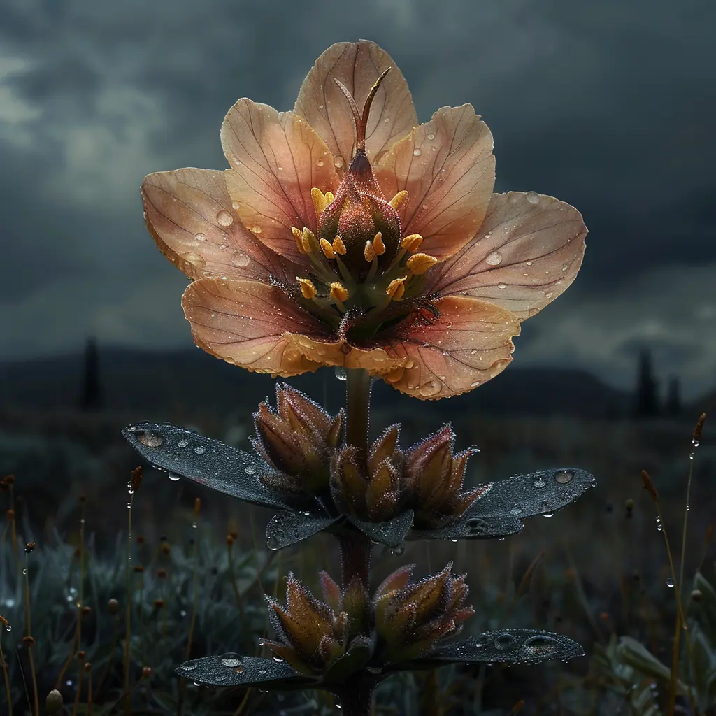 Bright wildflower sways in prairie breeze, petals vibrant against muted frontier, embodying resilience and prairie beauty.