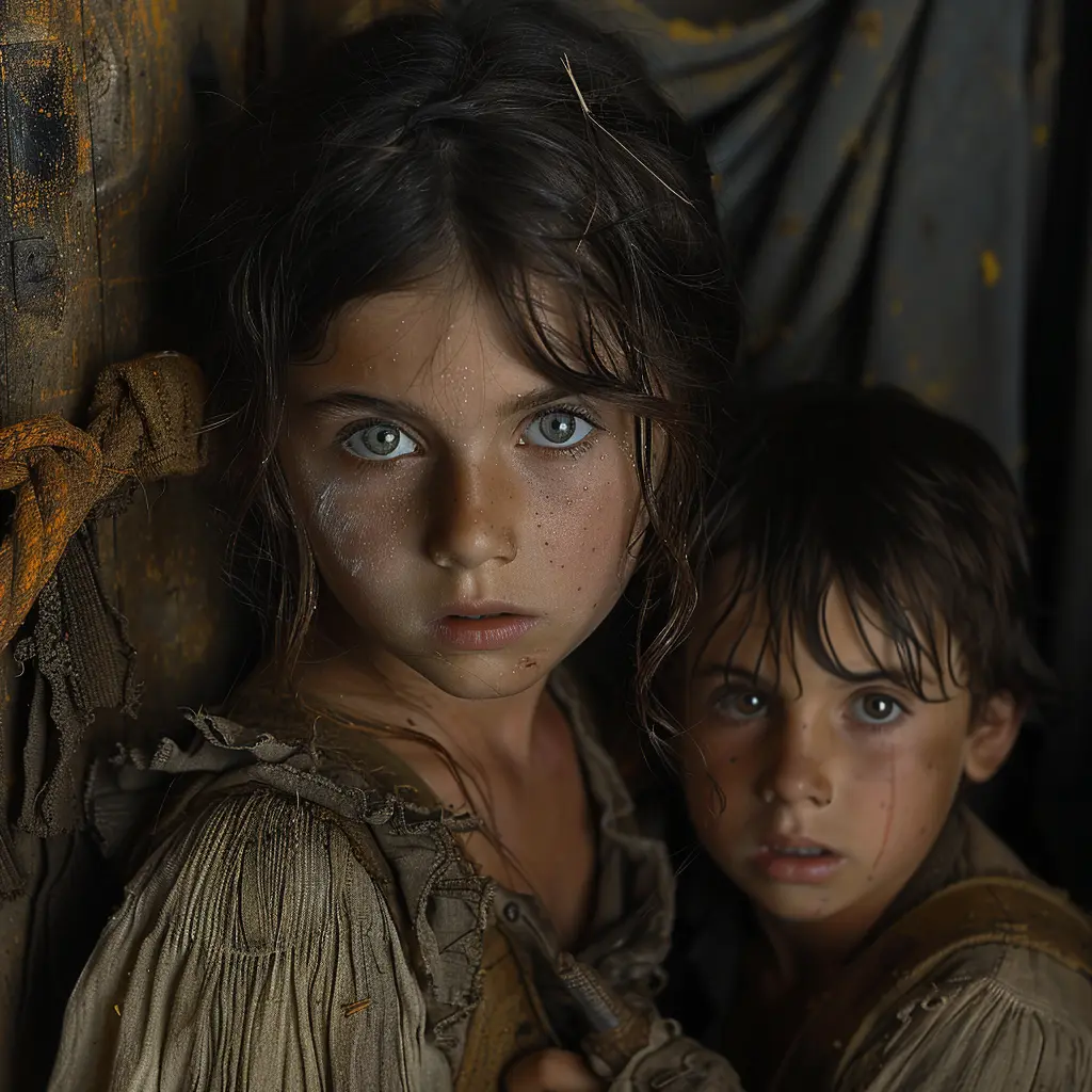 Girl clutching brother, tear-stained face, haunted eyes, terrified by father's rage - a childhood marred by domestic violence.