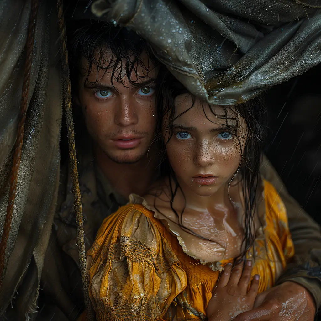 Young girl in prairie wagon gazes at endless rolling grasslands, feeling freedom after leaving orphanage behind.