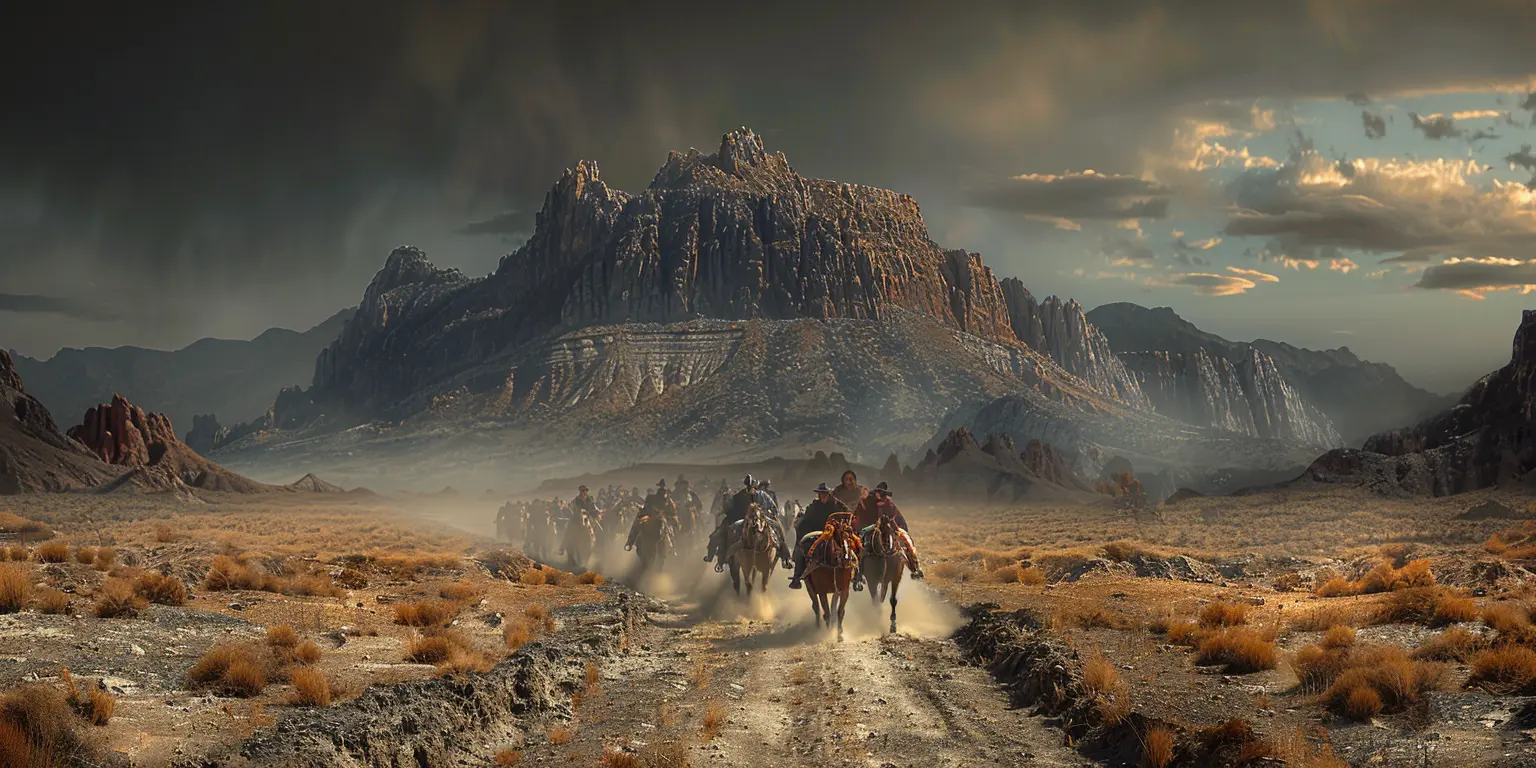 Dusty wagon train winding across sun-baked plains, ruts carving trail, towering buttes on horizon casting long shadows under evening sky.