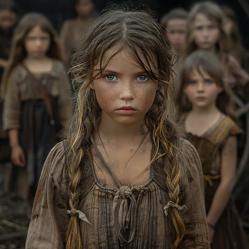 Girl's view of wagon train: Alone yet hopeful for kindness amid harsh pioneer trail as orphan child meets new friend.