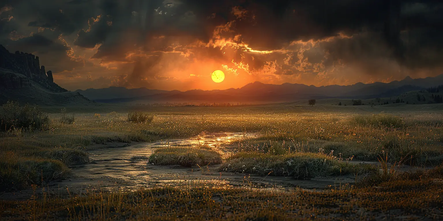 Golden evening light over rolling hills, winding creeks, towering buttes in vast western frontier with rippling prairie grass.