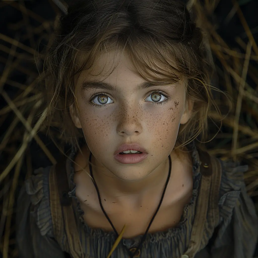 Girl with sad eyes gazes ahead on Oregon Trail, her tattered dress shows hardship, newfound friend offers hopeful companionship.