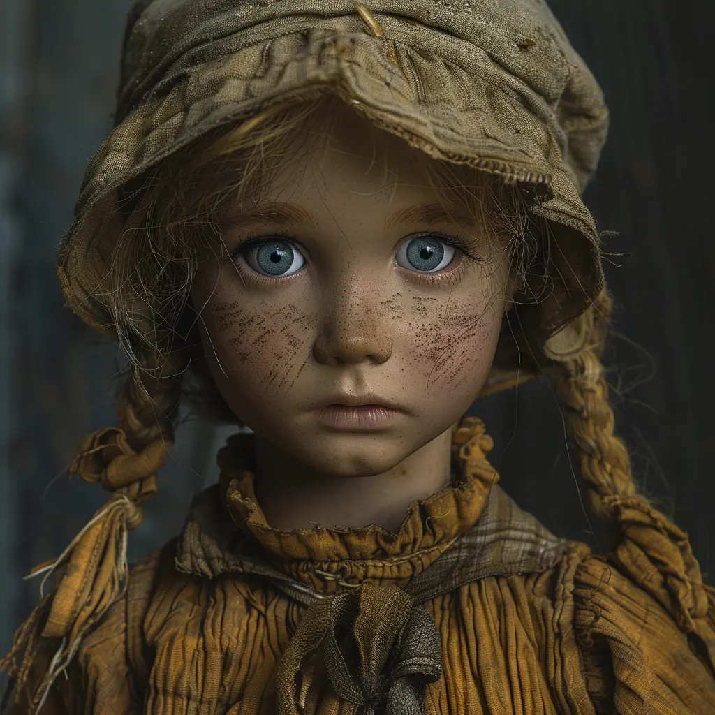 Tattered rag doll, faded fabric, unraveling seams, dirt streaks, dried tears, loose threads dangling, humble companion