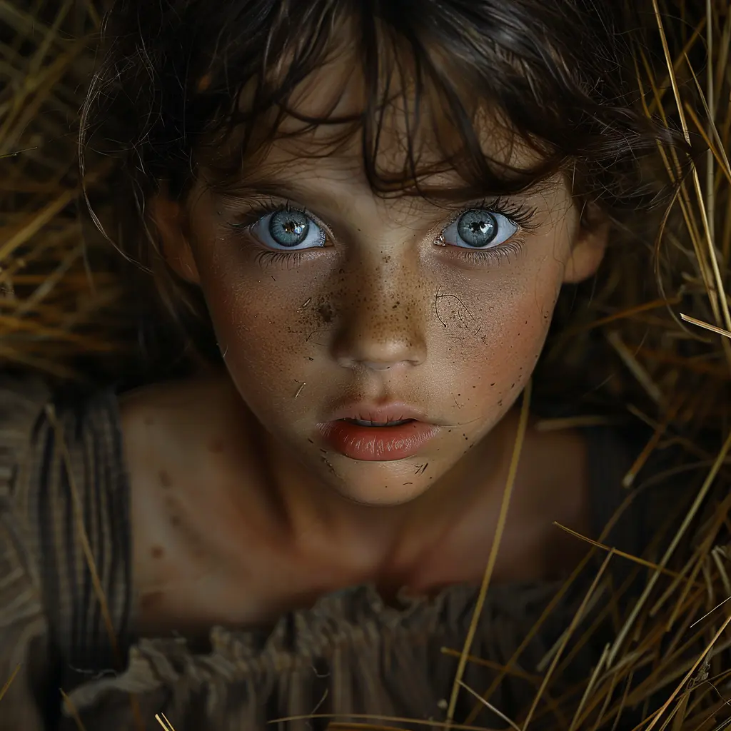 Orphaned Anne's fearful gaze sees danger in every creak & shadow on the vast, unforgiving Oregon Trail, offering no sanctuary.