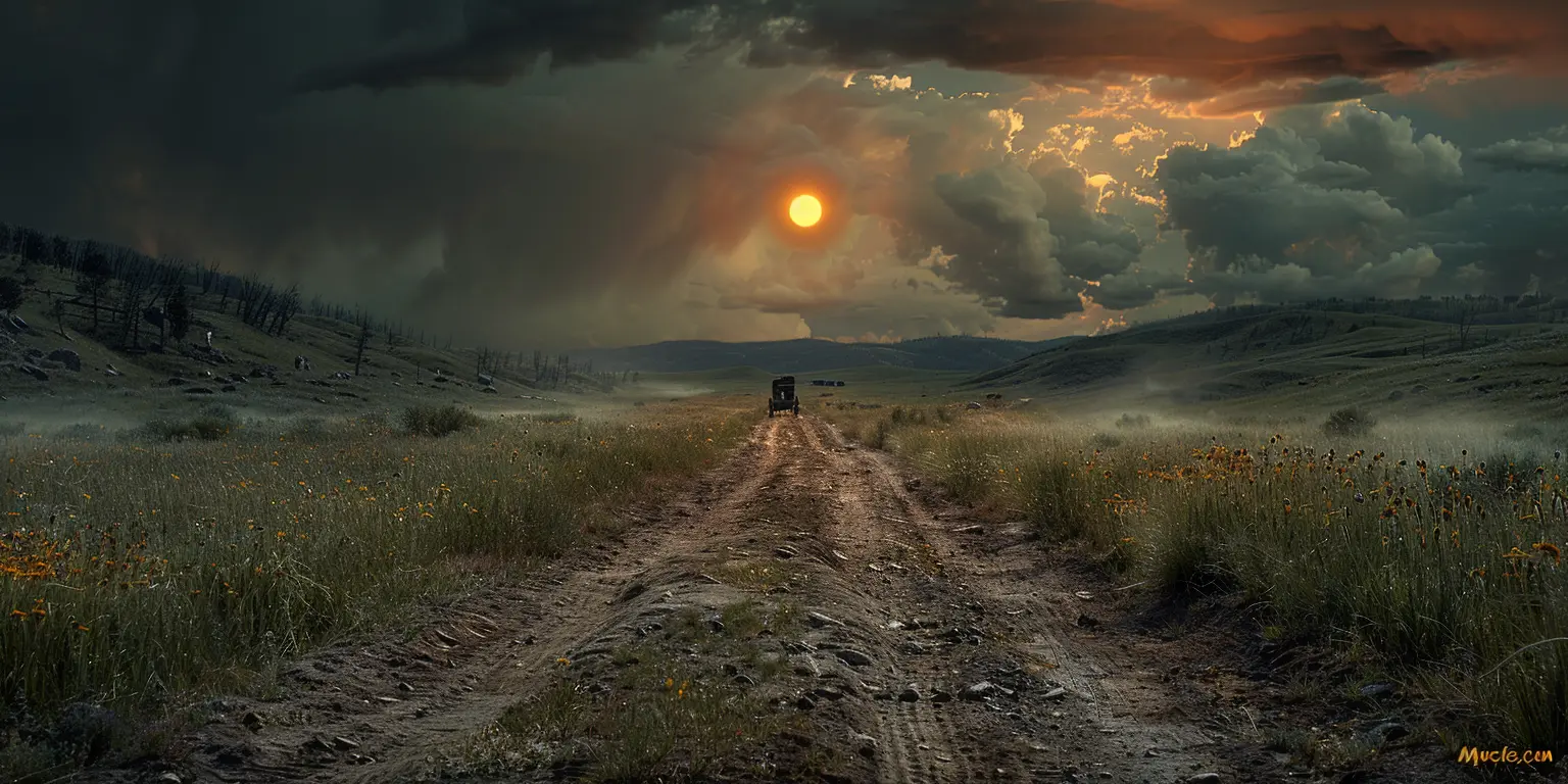 Wagon train on Oregon Trail at sunset, rolling prairie hills, dust trail in evening air, distant thunderheads.