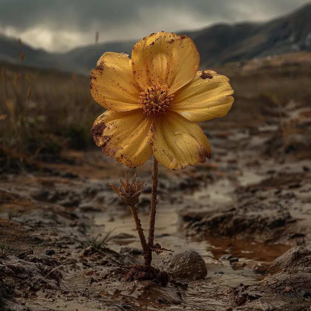 Yellow prairie flower persists amidst dusty wagon trail, vibrant petals contrast brown landscape, symbolizing resilience