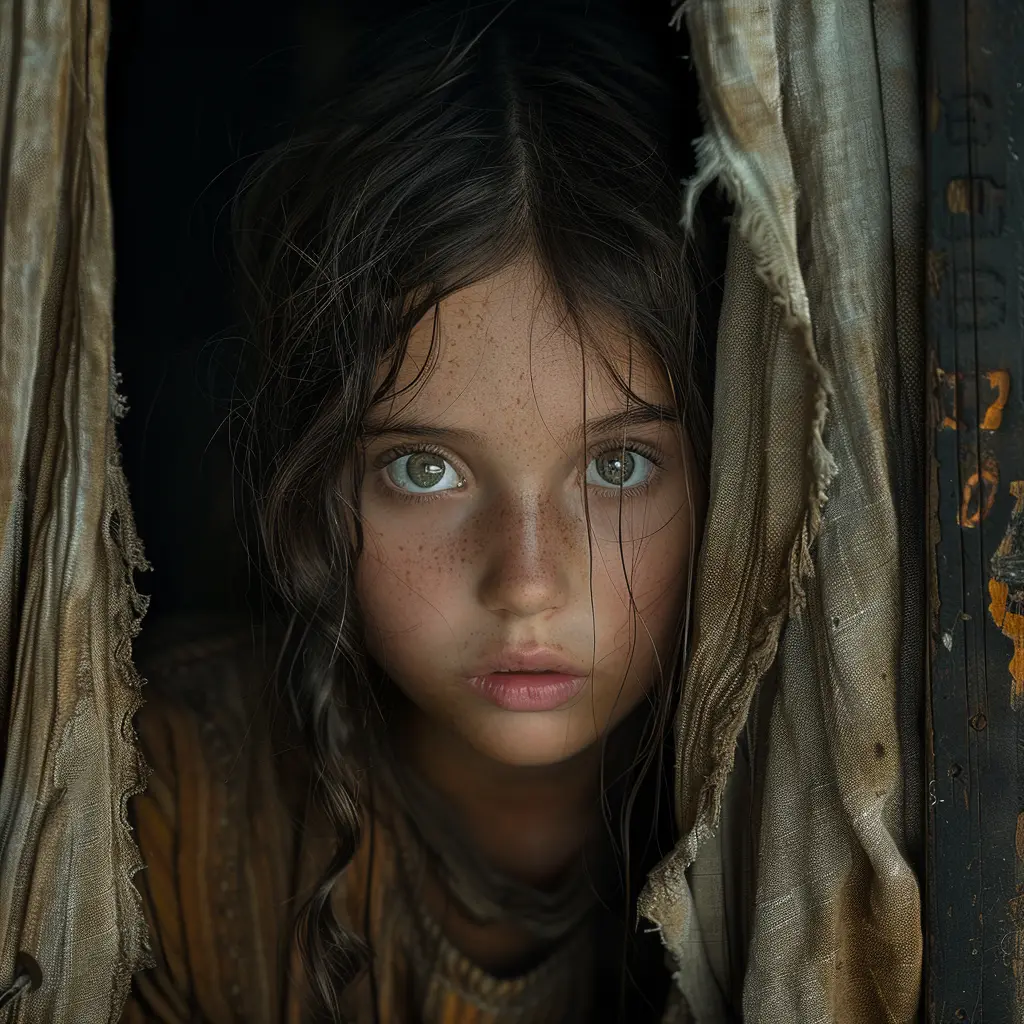 Haunted eyes of abandoned child Sarah peer from wagon, landscape echoing turbulent past, wilderness both enticing and terrifying.