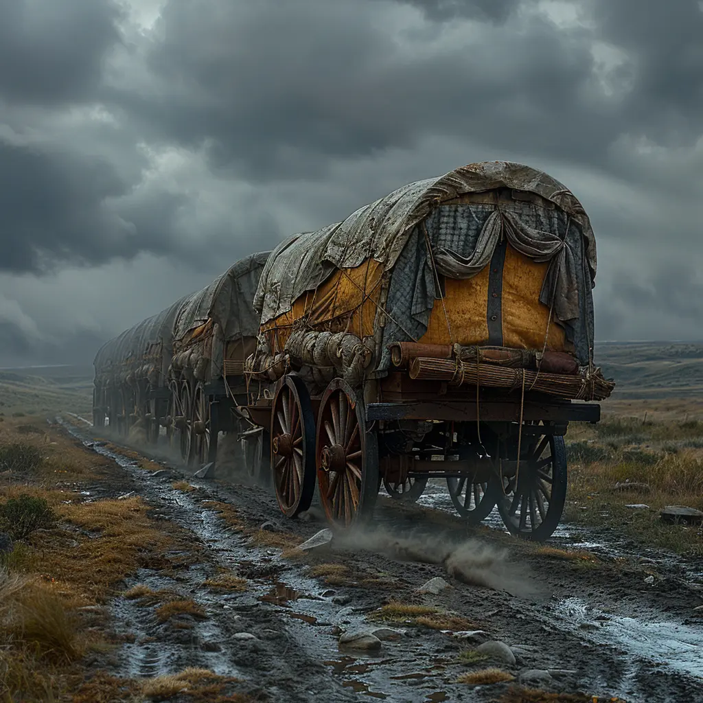 A young girl trails behind a wagon train on the Oregon Trail, her eyes downcast as dust swirls around the wooden wheels.<br>