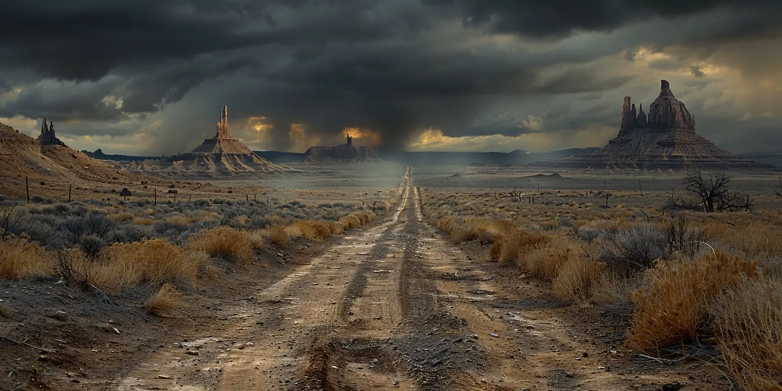 Scenic Oregon Trail through vast prairie, towering buttes in distance, golden light on grassy landscape under late afternoon sun.<br>