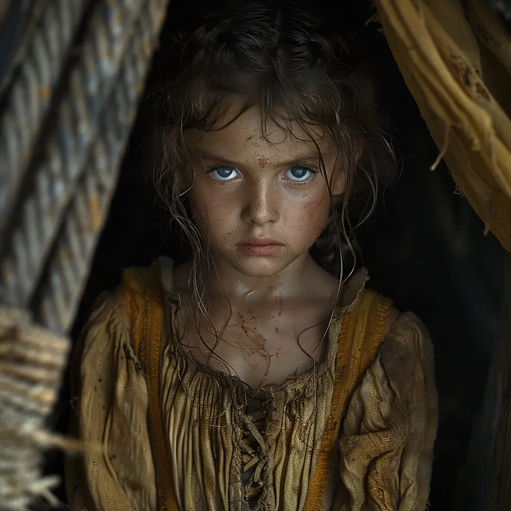 Young girl in tattered dress clutches blanket, eyes wide with fear, amid vast wilderness landscape, glimmer of hope in her eyes.