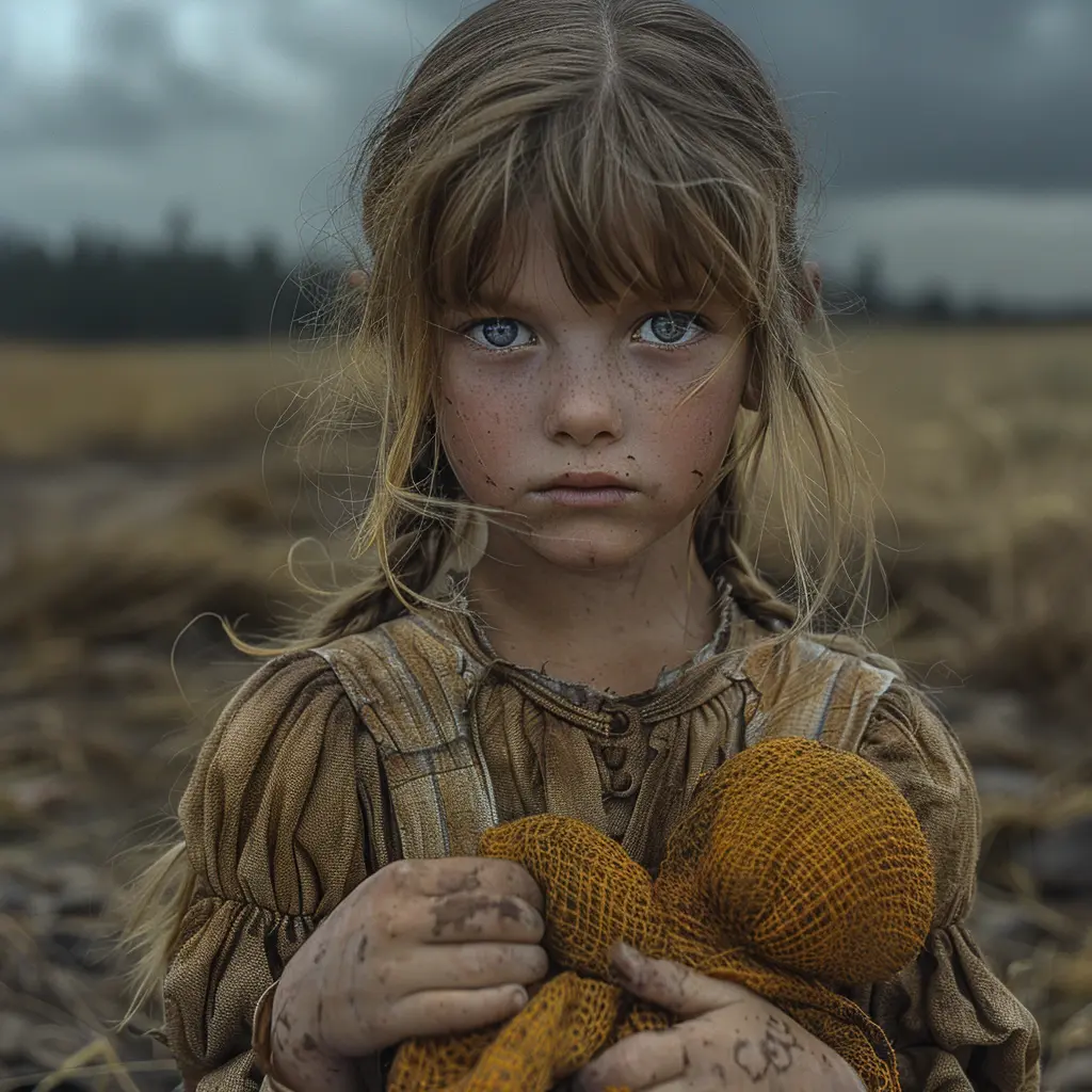 Young girl with sunken eyes clutches doll, anxiously scans prairie on Oregon Trail, bearing weight of hardship beyond her years.<br>