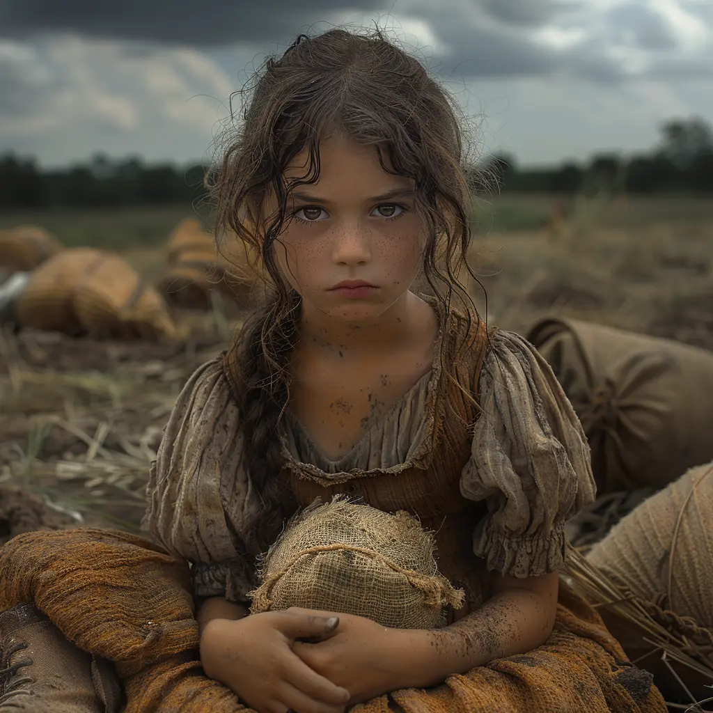 Young girl in wagon clutching tattered doll, face etched with worry despite laughter around her, feeling anxious