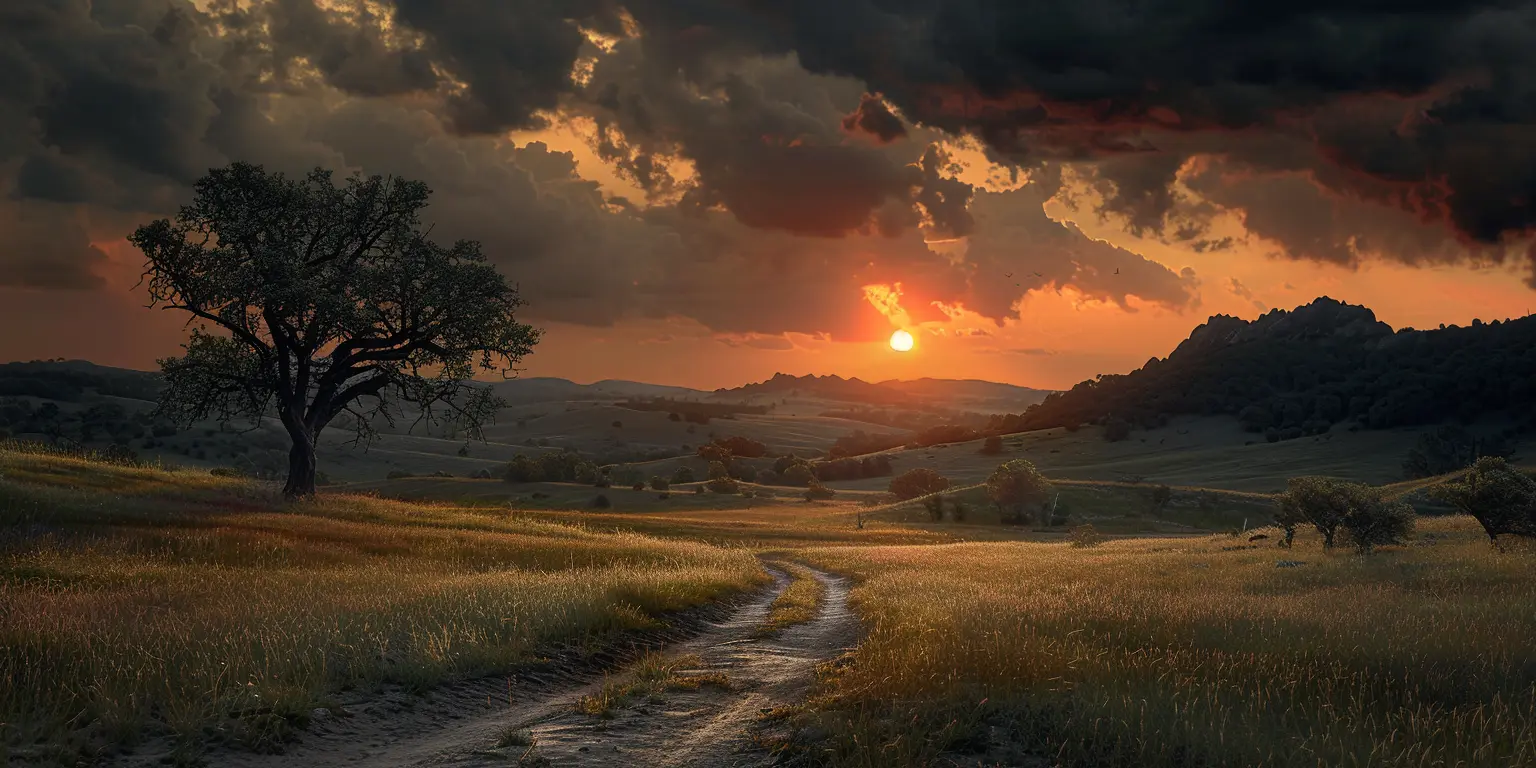 Sunset over rugged prairie landscape with lone oak tree, wagon ruts in golden grass, and warm colors in sky.<br>
