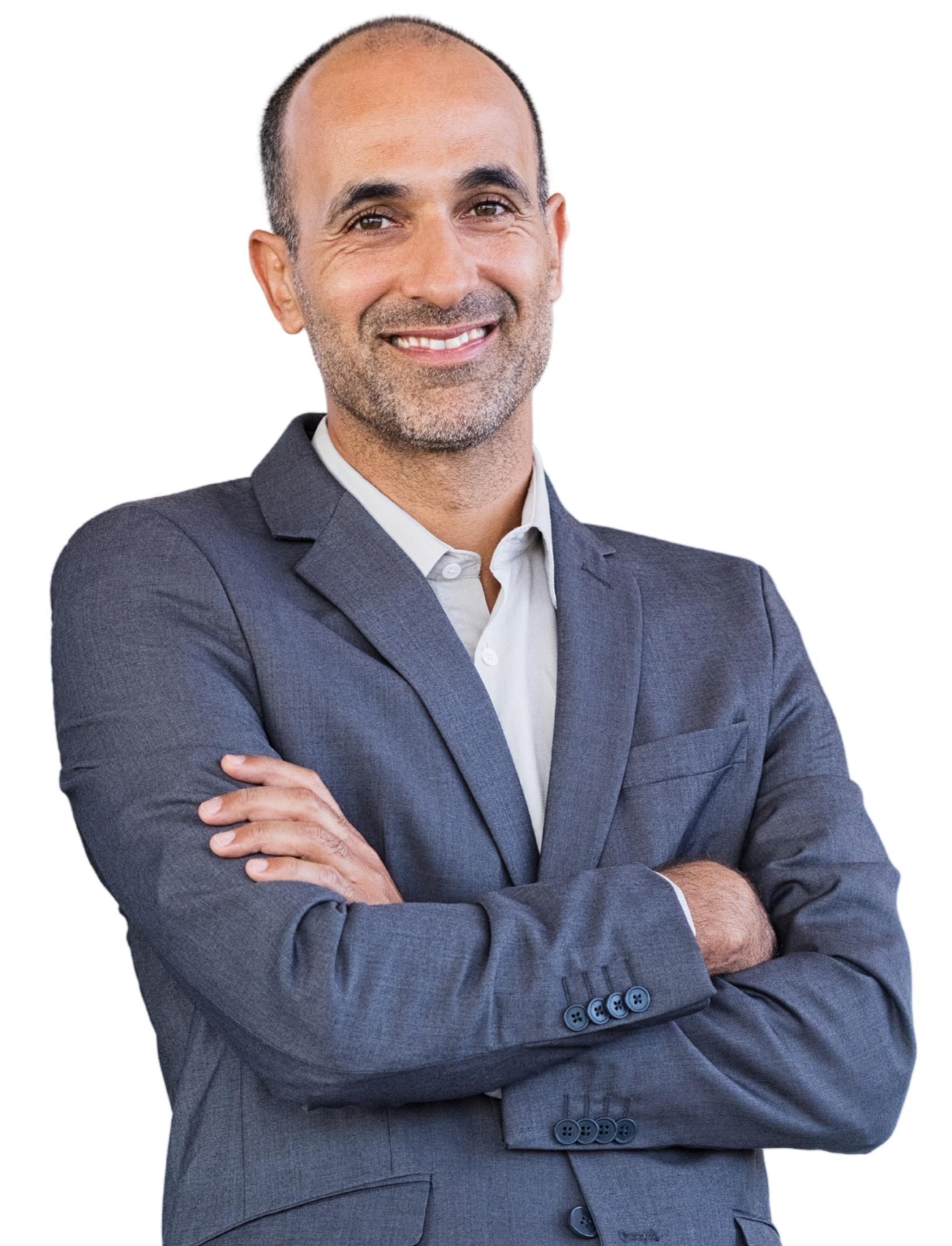 A woman in a white shirt is smiling with her hand on her chin