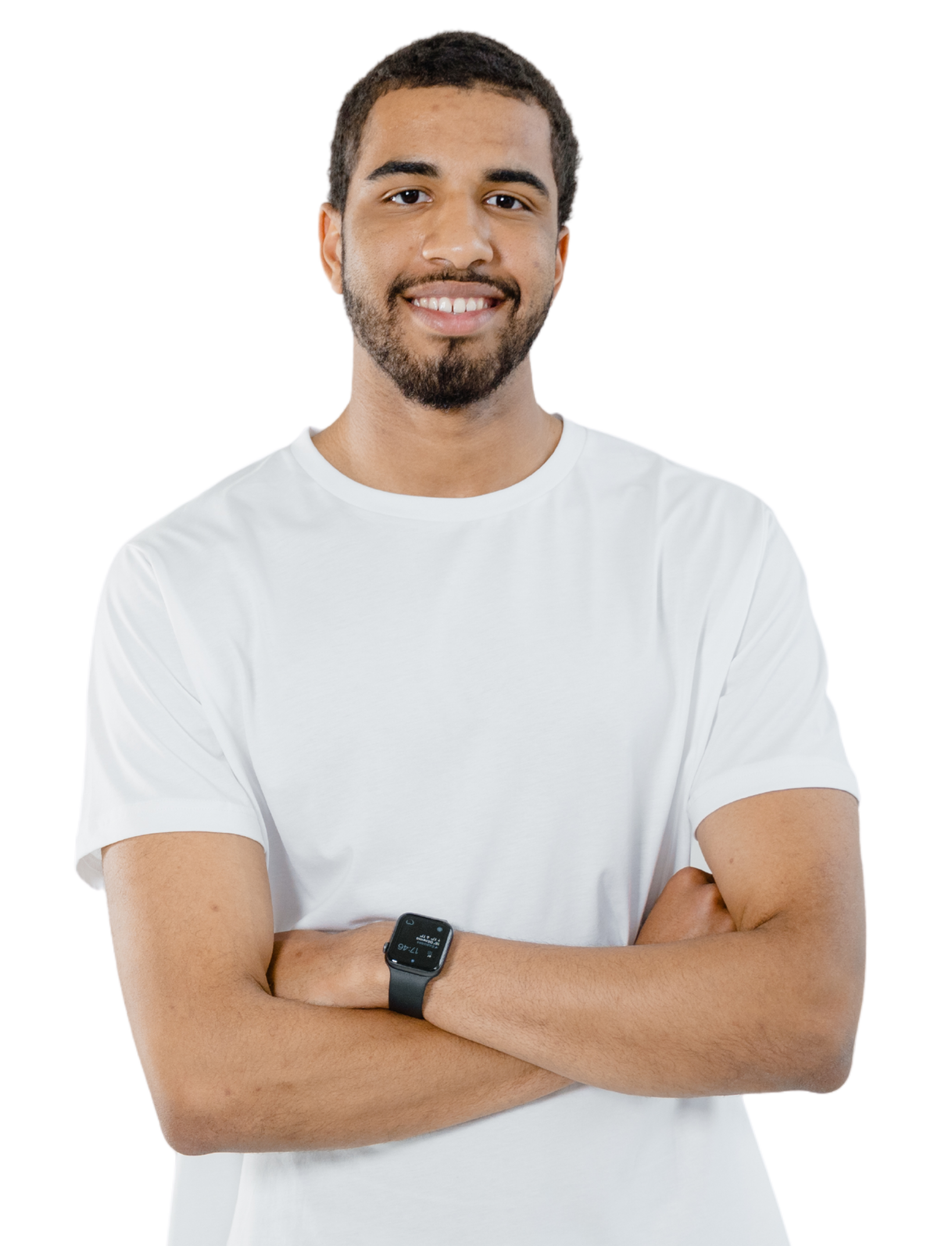 A woman in a white shirt is smiling with her hand on her chin