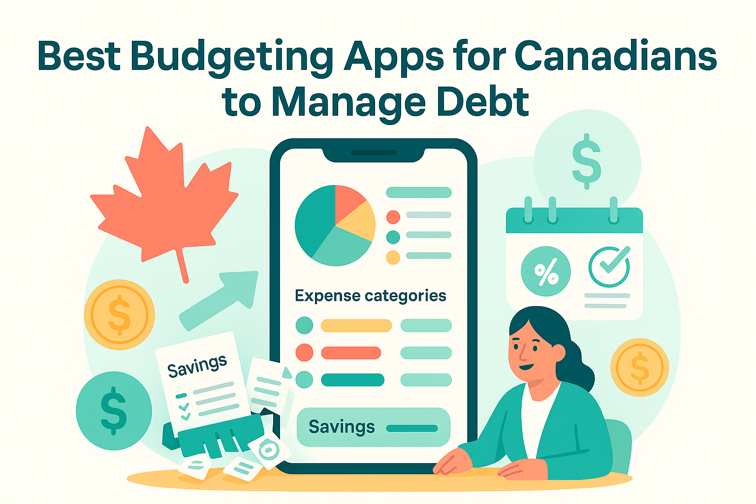 Flat illustration of a smartphone displaying budgeting charts and graphs with teal and mint colours