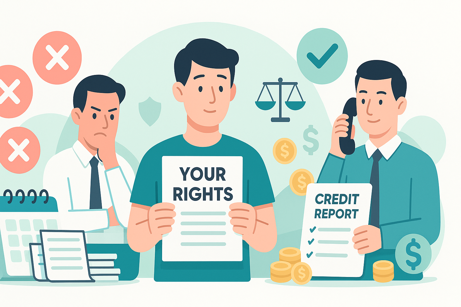 Illustration of a person holding a shield stopping a phone call symbolising protection from debt collectors in teal and mint tones