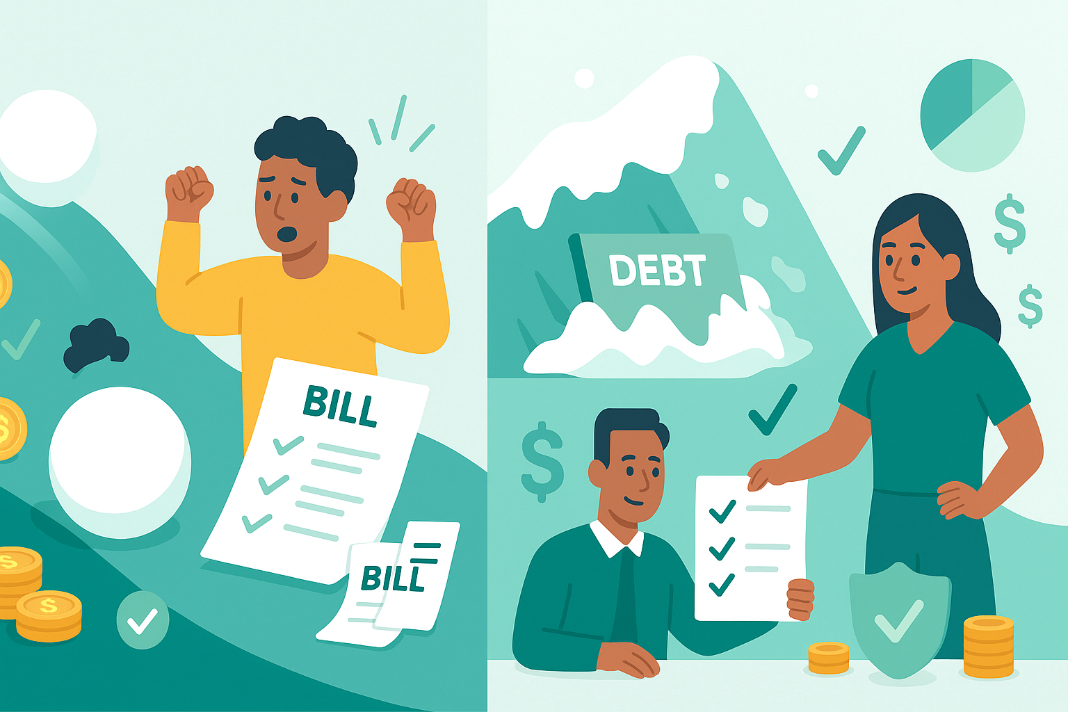 Illustration of two hills with coins rolling down representing snowball and avalanche debt repayment methods in teal tones