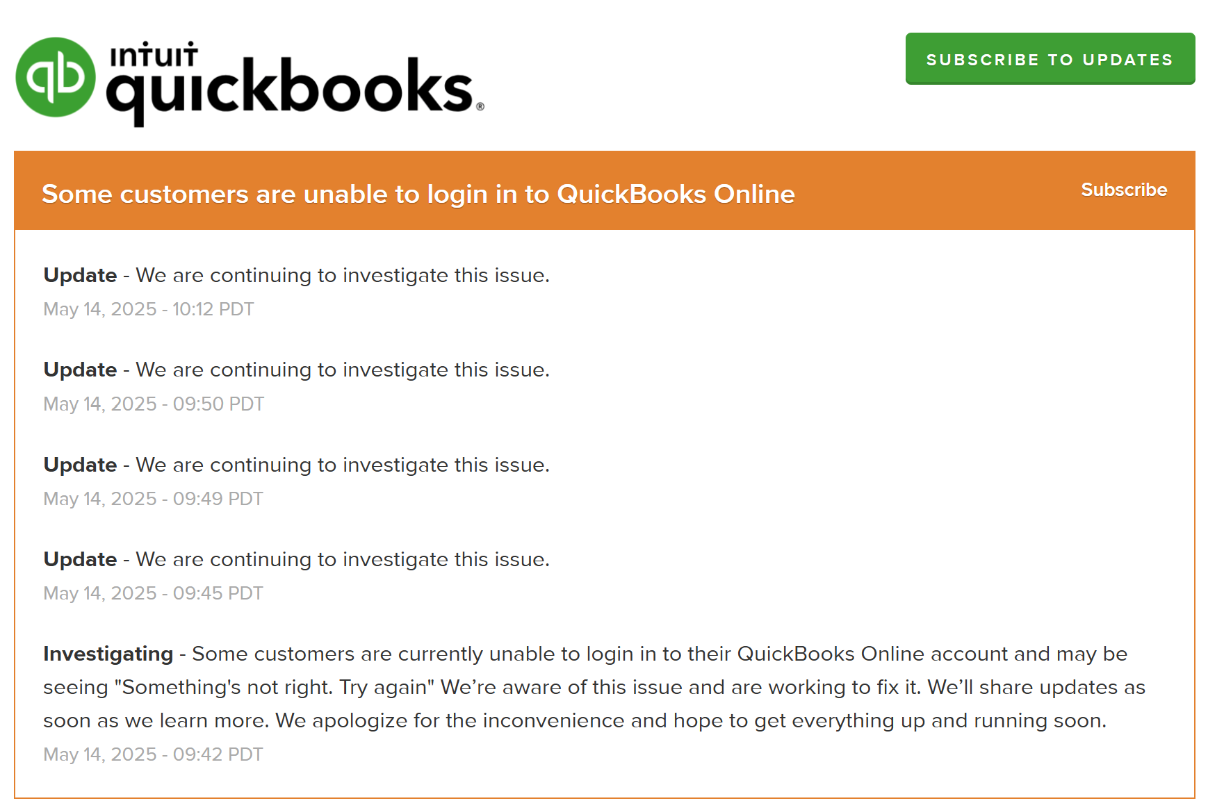 QuickBooks Online screenshot of downtime issues