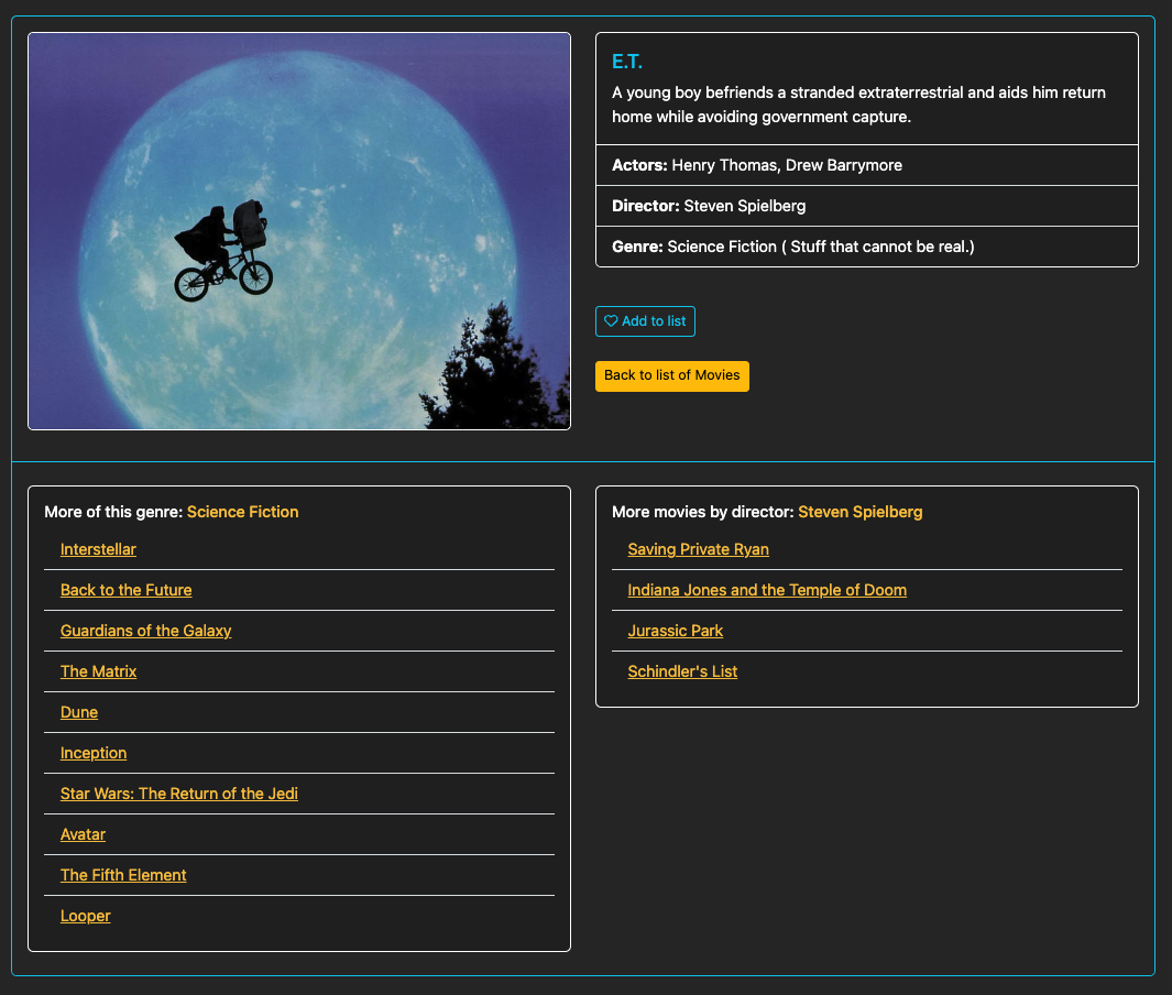 MovieDetails: Shows more extensive information about each movie as well as more movies of the same director and the same genre, which are linked to be called up for view. Adding and deleting movies from the list of favourites can also be done from here.
