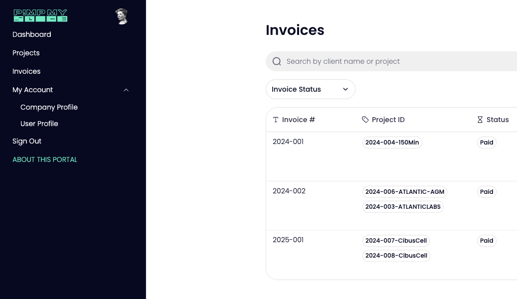 Screenshot of Client Portal Menu and invoice overview