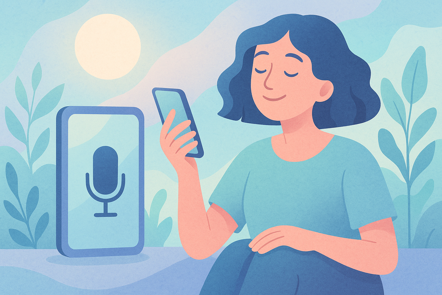 Anxiety journaling prompts displayed on phone screen with calming environment showing mental health relief
