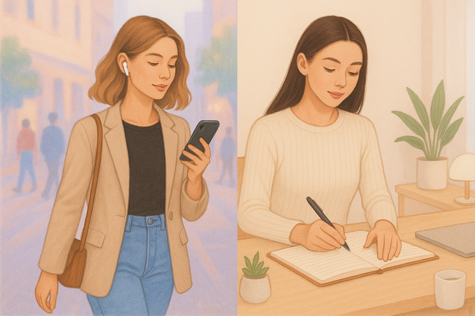 Side-by-side comparison of voice journaling on phone versus traditional handwritten journaling