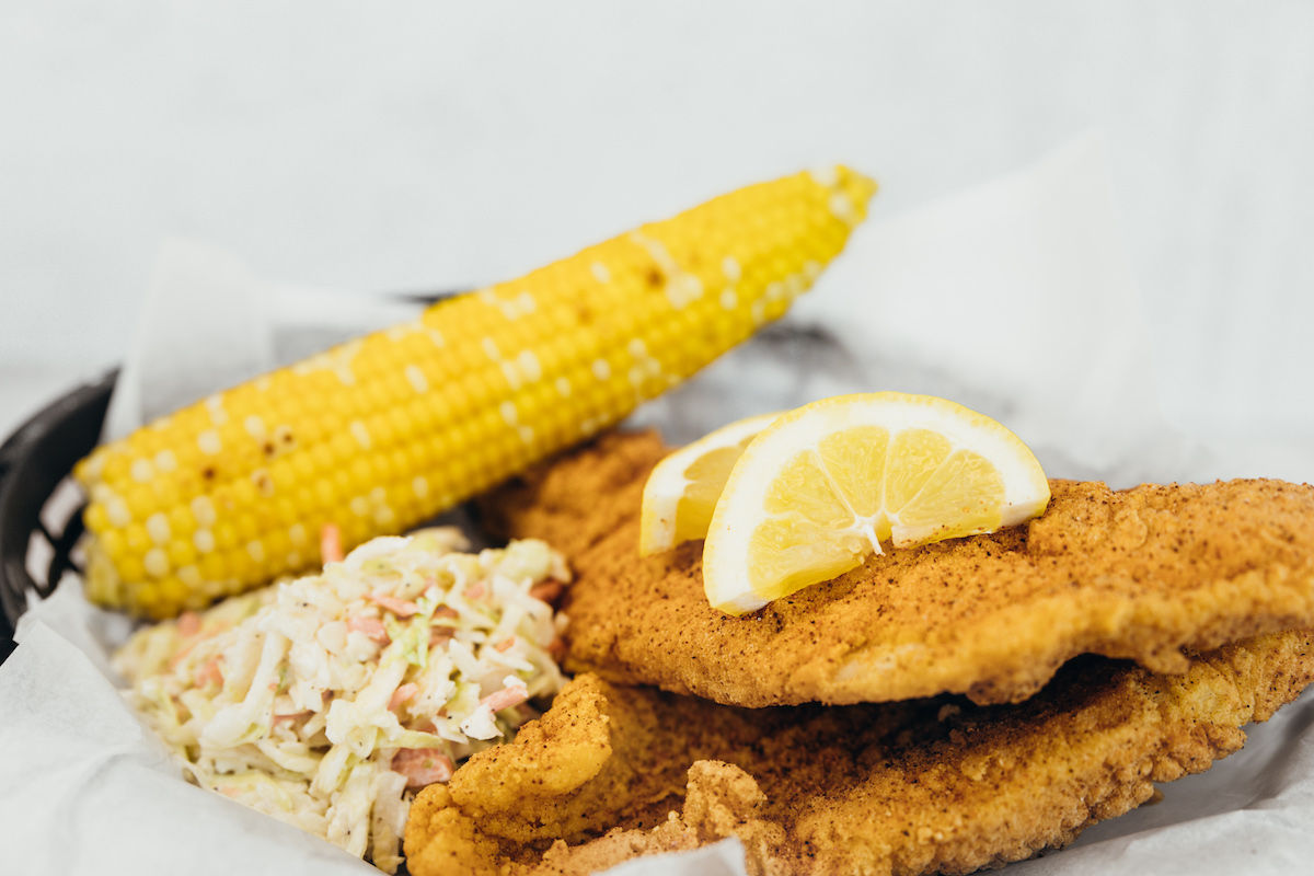 Catfish, Corn & Coleslaw at at The Old Neighborhood Cafe.