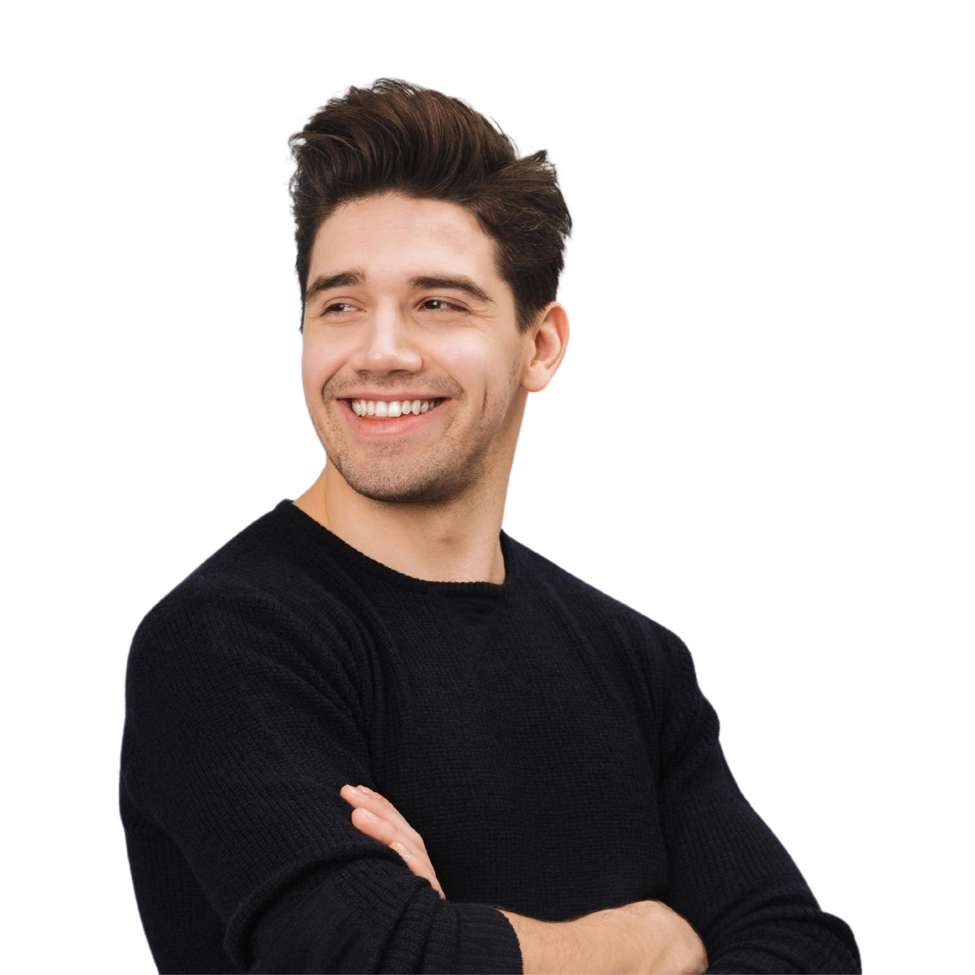 A woman with long hair is smiling with her hands on her face.