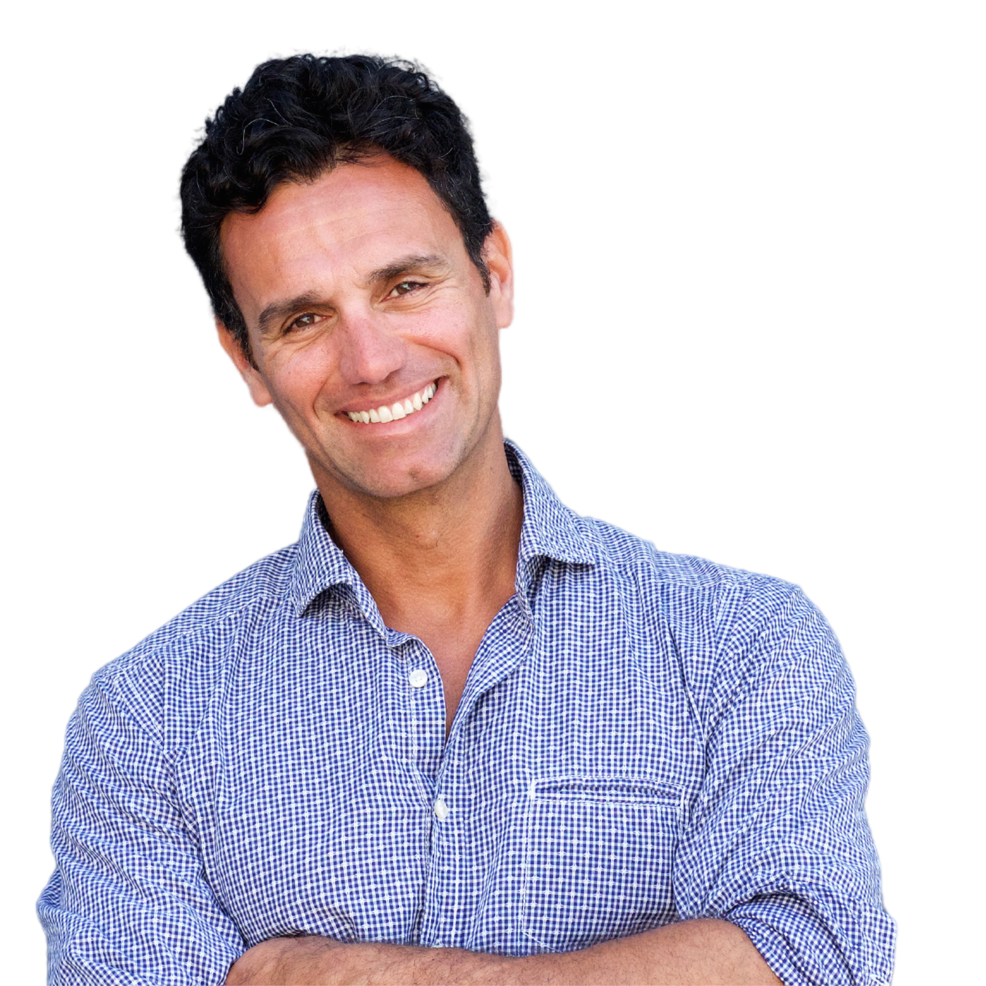 A woman with long hair is smiling with her hands on her face.