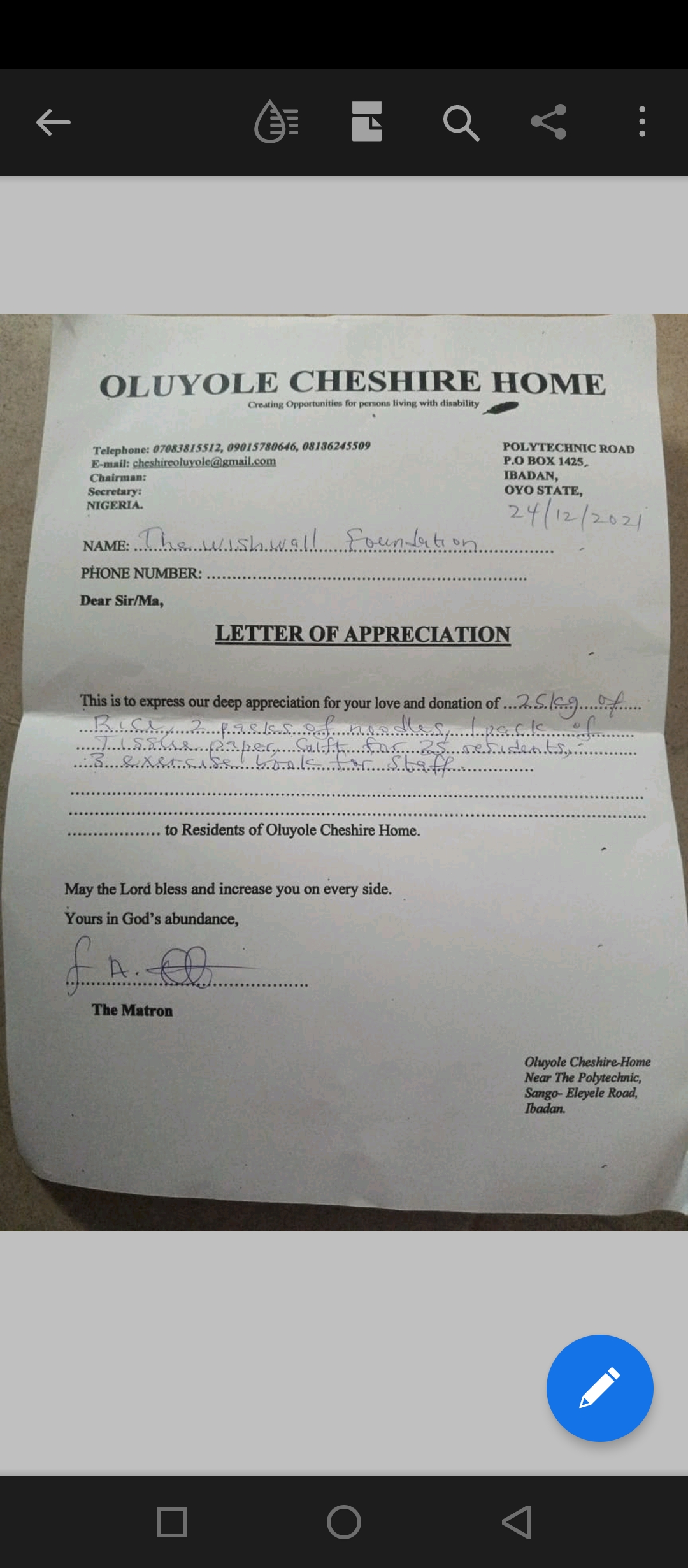 Oluyole Chesire Home says Thank you