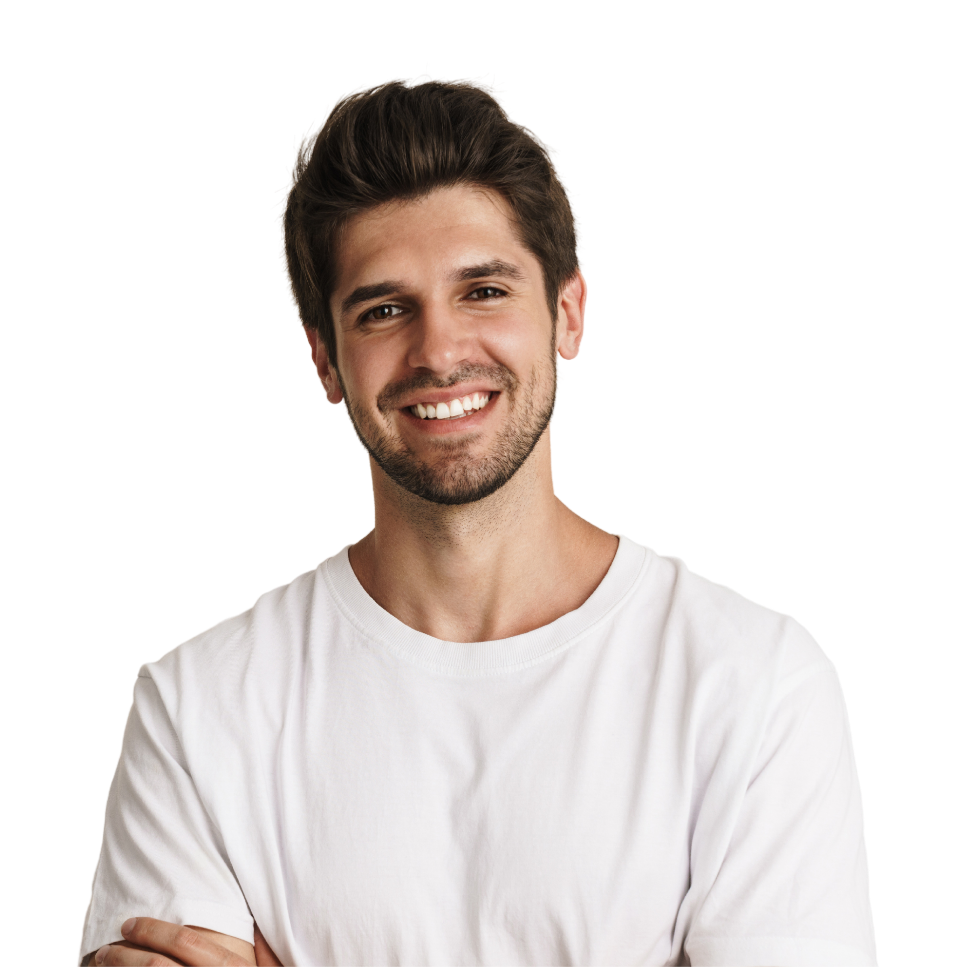 A woman with long hair is smiling with her hands on her face.