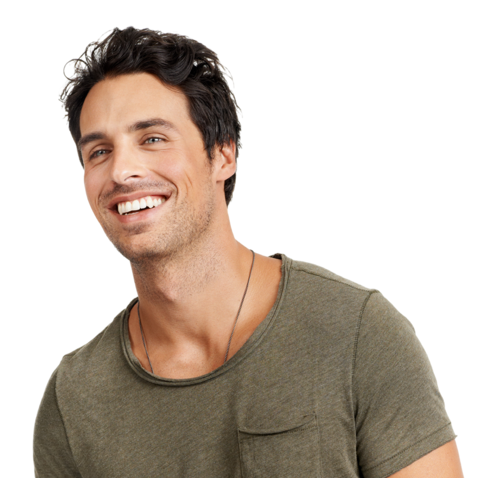 A woman with long hair is smiling with her hands on her face.