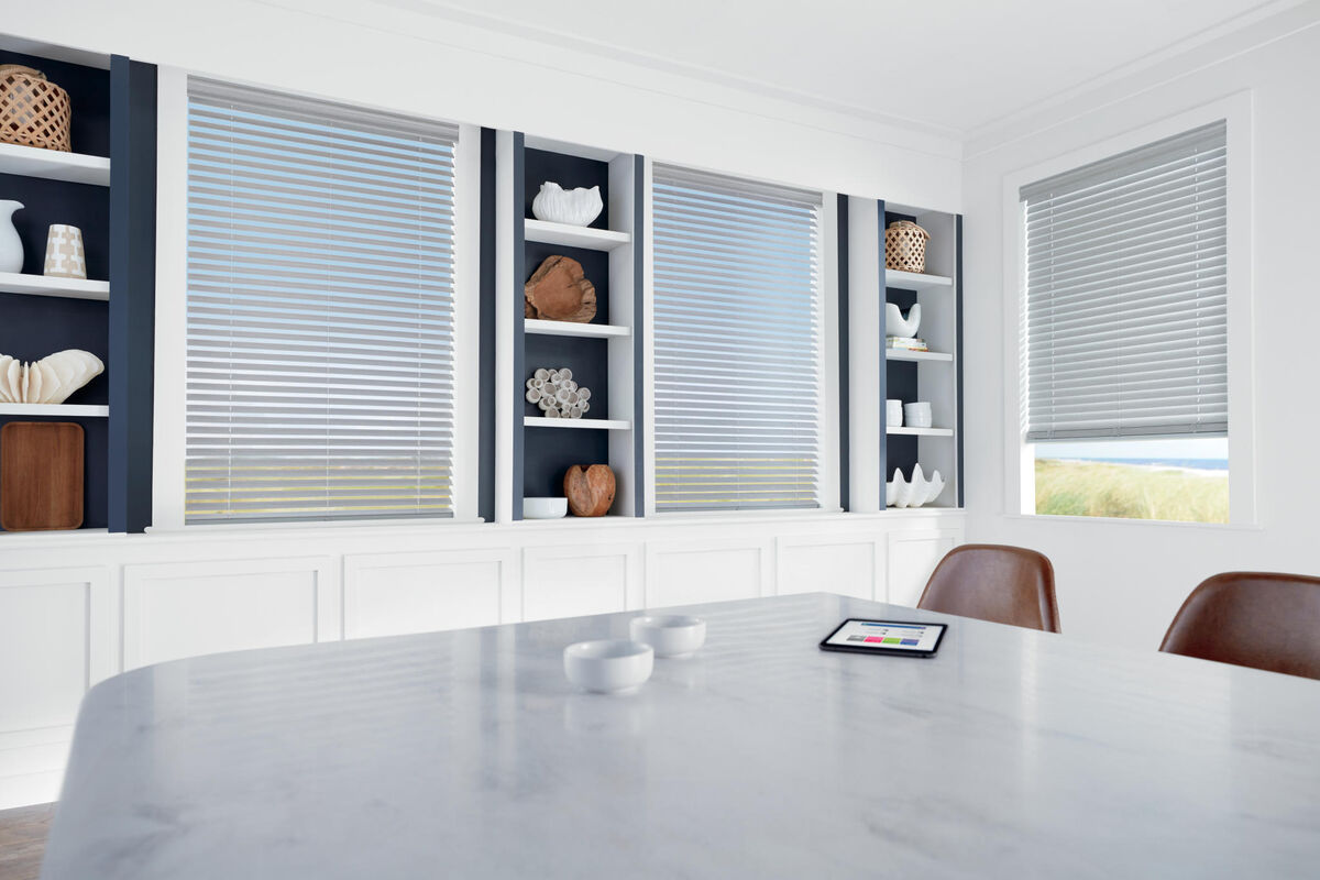light gray window blinds in a conference All Window Decor (817) 448-3393